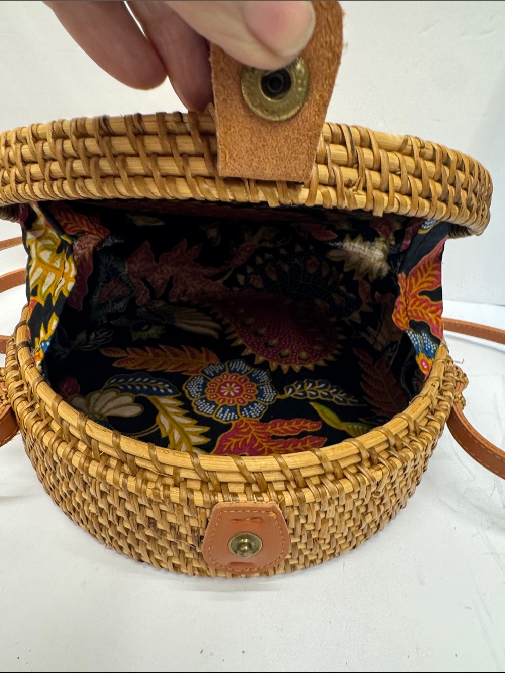 Woven Round Straw Crossbody Bag in Tan - Picture 7 of 9